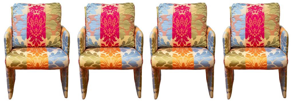 Four Peter Murdoch (British, b. 1940) style arm chairs with tufted backs, each upholstered in: Four Peter Murdoch (British, b. 1940) style arm chairs with tufted backs, each upholstered in colorful damask fabric. 33" H x 22.5" W x 25" D; seat: 18" H. Provenance: Property from the Long Island re
