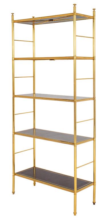 Jansen manner gilt brass five-shelf etagere - bookcase, with four standing supports with finials, (1 of 8)