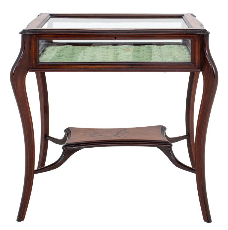 Dutch marquetry display table or table a vitrine, with a five-sided glass case with ribbon-tied (1 of 13)