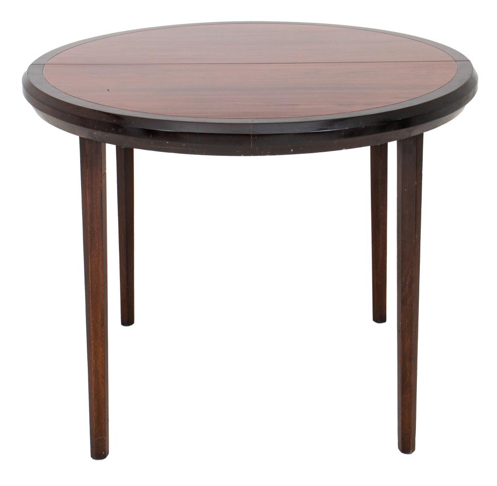 Rosewood extending dining table, round, with banded borders and hexagonal tapering legs, with (1 of 9)