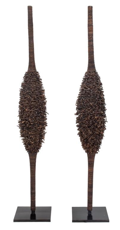 Phillips Collection pair of "Urchin" natural fiber sculptures, raised on ebonized square metal (1 of 9)