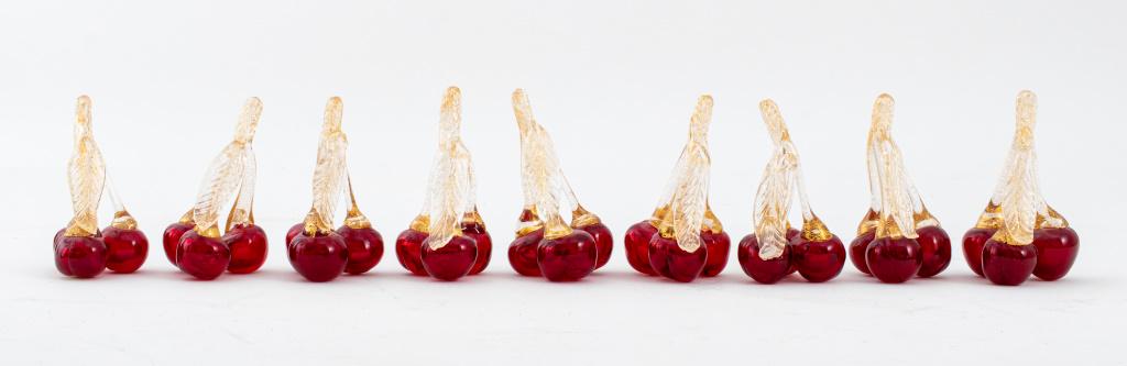 Nine Italian Murano art glass sculptures in the form of cherry bunches of three, the fruit in ruby (1 of 6)