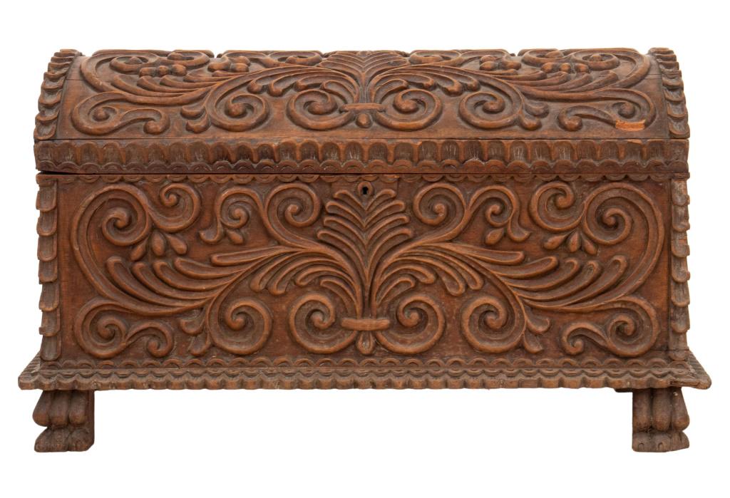 Iberian carved wooden chest, with domed rectangular form, floridly carved with palmettes and (1 of 8)