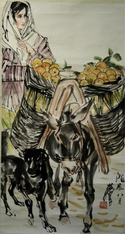 Chinese Figural Scroll Painting attr Yuan Jiang: Mounted hanging scroll of figure with donkey, ink and color on paper, attributed to Yuan Jiang, China; marked, Dimensions: Overall 74"L x 25"W; image area 38"L x 20"W