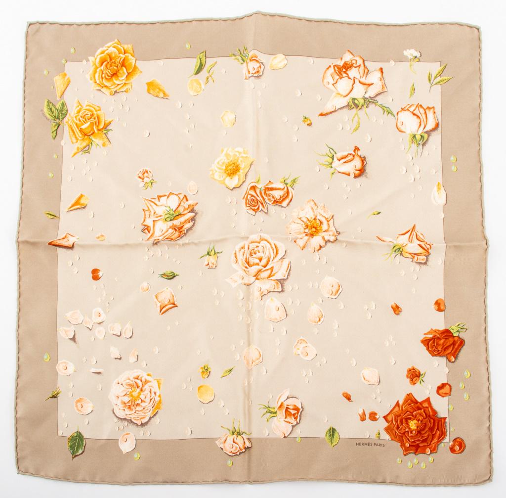 Hermes silk twill pocket square in the "La Rosee" pattern on a beige ground, marked "HERMES - PARIS" (1 of 5)