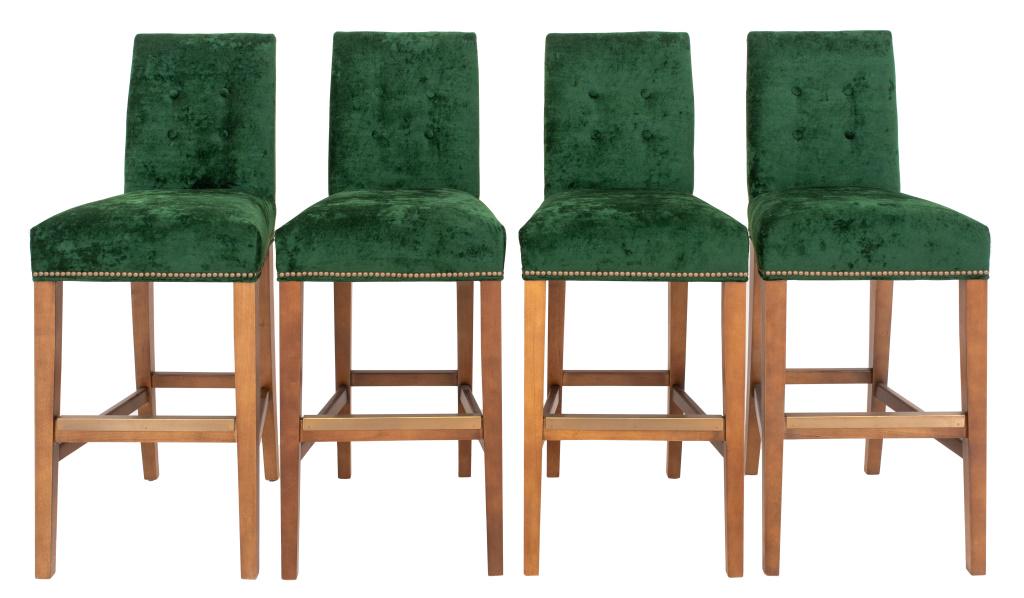 Mitchell Gold & Bob Williams set of four green velvet upholstered bar stools, with tufted back, (1 of 10)