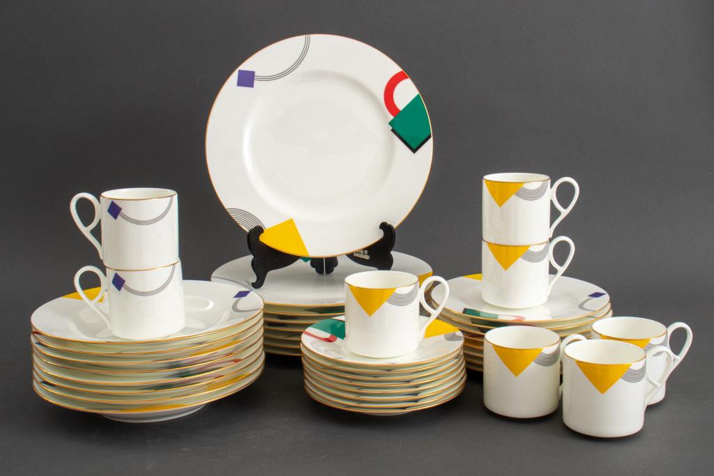 Daniel Hechter (French, b. 1938) vintage 40 piece porcelain dinner service comprising (8) eight: Daniel Hechter (French, b. 1938) vintage 40 piece porcelain dinner service comprising (8) eight dining plates, (8) eight soup plates, (8) eight dessert plates, (8) eight coffee cups and (8) eight sauc