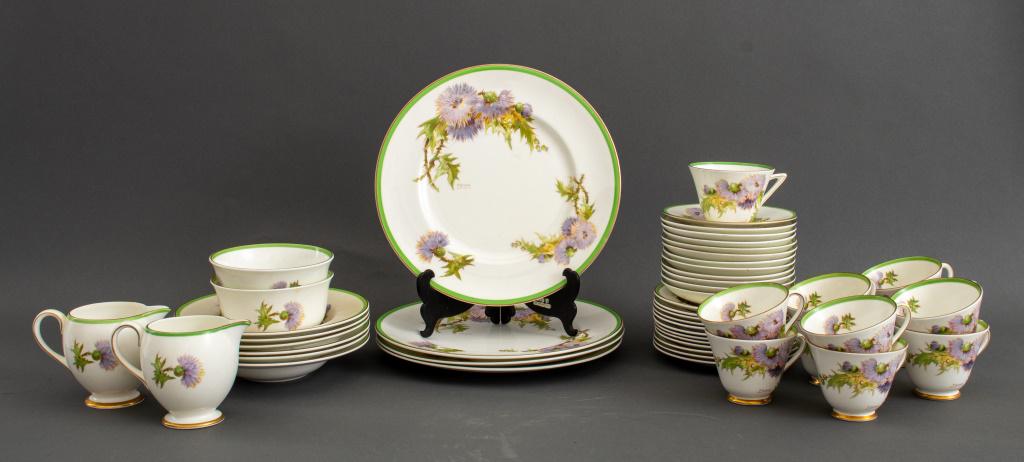 49 pieces English Royal Doulton bone china dinner service, in the "Glamis Thistle" pattern, designed: 49 pieces English Royal Doulton bone china dinner service, in the "Glamis Thistle" pattern, designed by Percy Curnock (English, 19th/ 20th c.), comprising (4) dinner plates, (6) soup plates, (12) brea