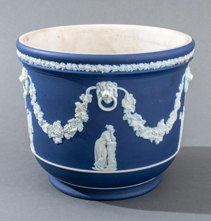 Wedgwood cobalt blue jasperware planter or cache pot, with "Wedgwood" and "England" impressed marks (1 of 10)