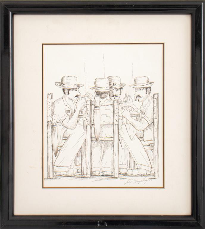 Felix Gonzalez (XX-XXI) contemporary Cuban School drawing ink on paper, depicting four men with hat (1 of 9)