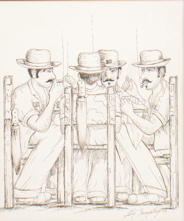 Felix Gonzalez (XX-XXI) contemporary Cuban School drawing ink on paper, depicting four men with hat