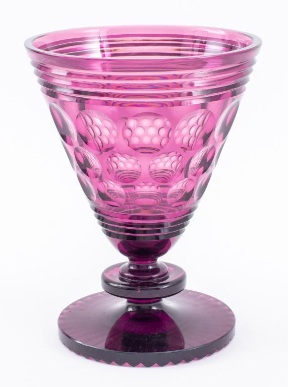 Modern hand-blown purple amethyst cut glass tazza or compote with circular faceted decoration to cup (1 of 8)