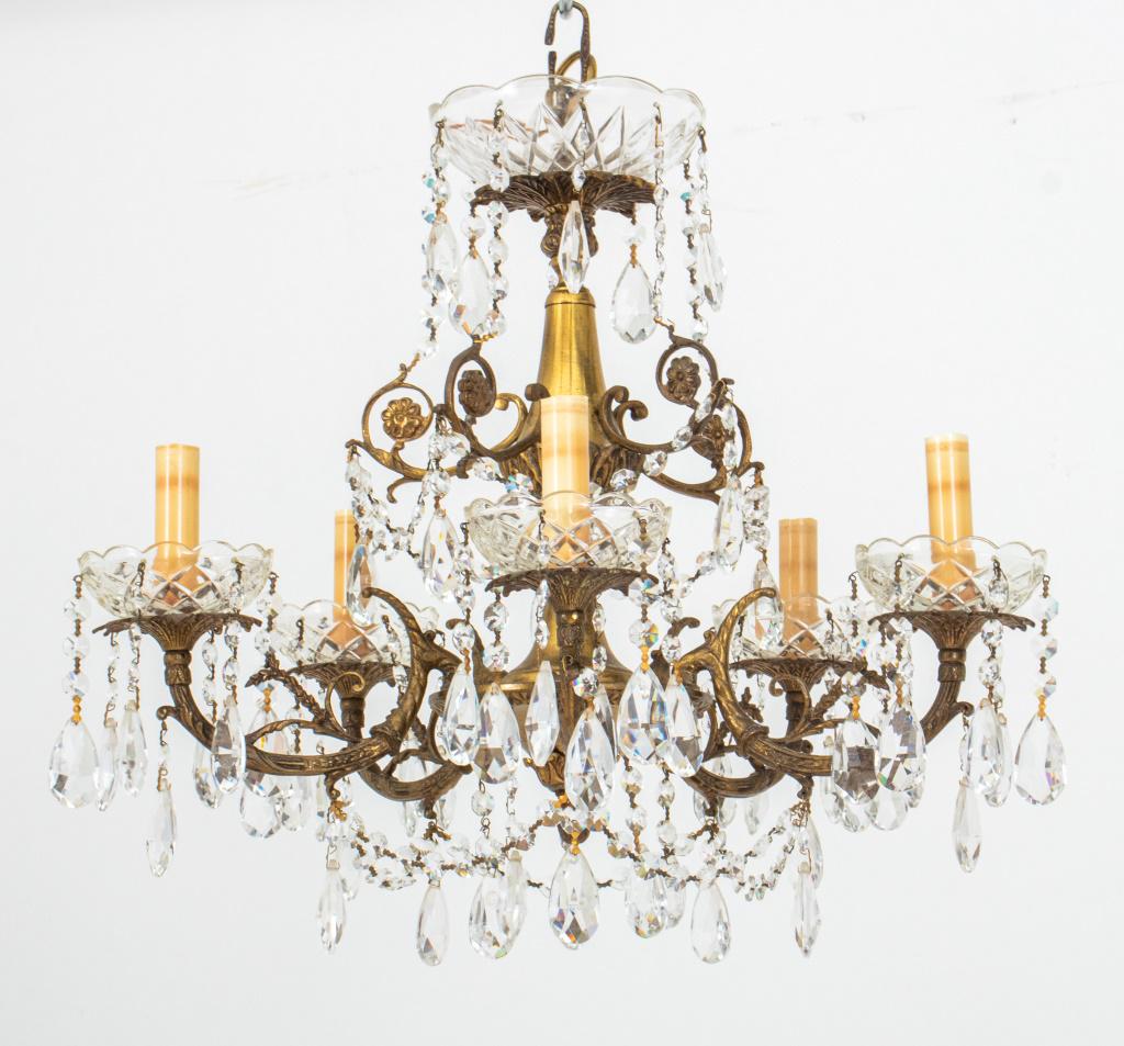 French Louis XV style chased gilt metal 5-light chandelier with various crystal pendants and drops (1 of 8)