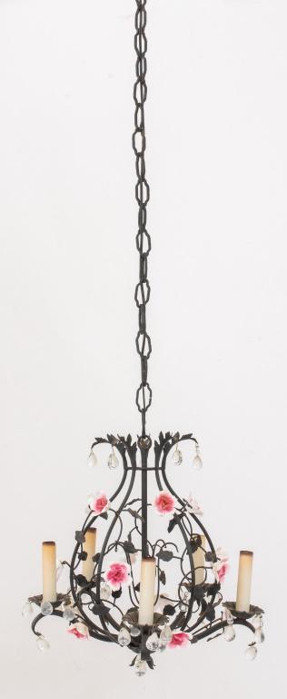 Louis XV Style cage-form five-light chandelier, decorated with crystal drops and porcelain flowers: Louis XV Style cage-form five-light chandelier, decorated with crystal drops and porcelain flowers in the manner of the Vincennes factory. 18" H x 15" diameter