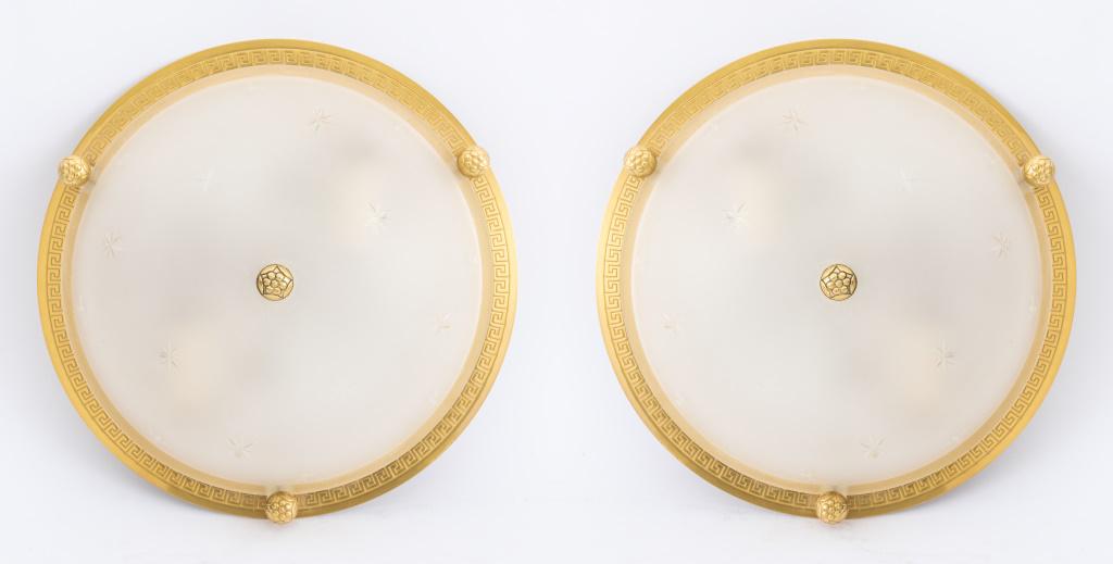 Pair of Vaughan brushed brass flush mount ceiling light fixtures, Greek key motif along plate, (1 of 7)