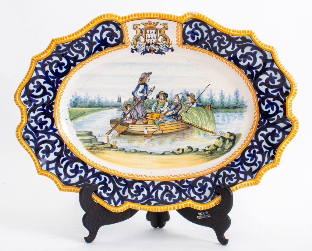 Henriot Quimper French Brittany ceramic oval serving plate with lake scene depicting a family on a (1 of 7)