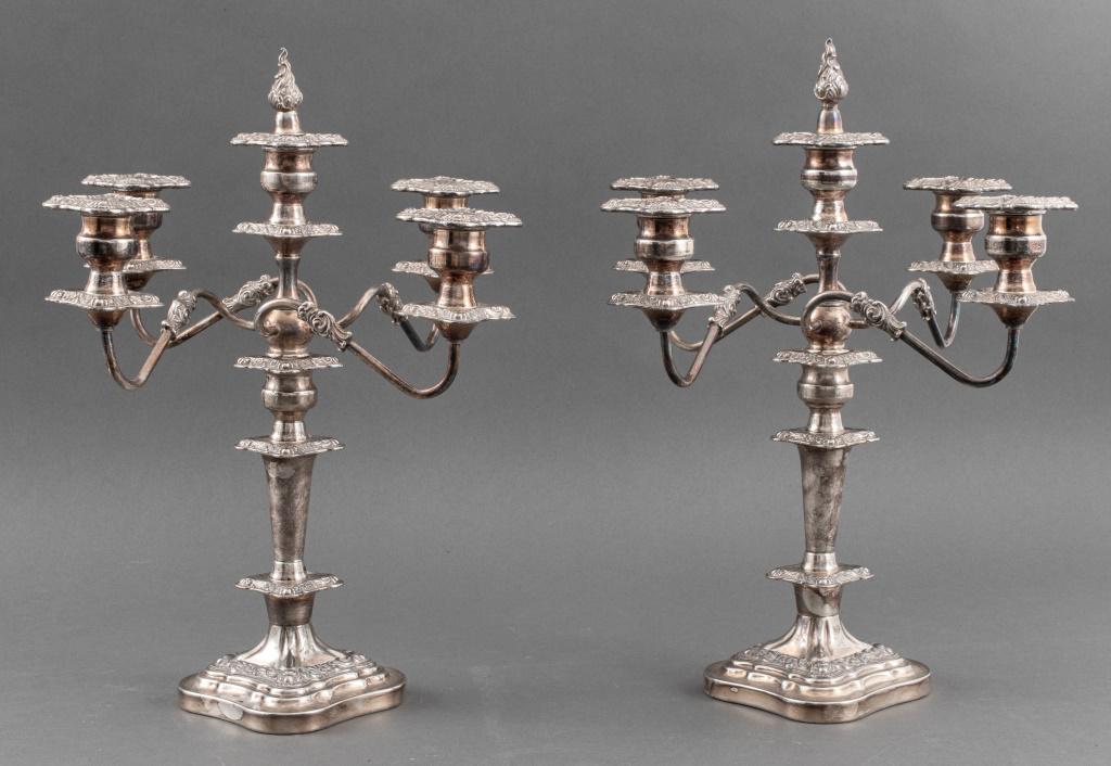 Pair of Baroque Revival silverplate five-arm weighted candelabra with repousse scrolling floral (1 of 10)