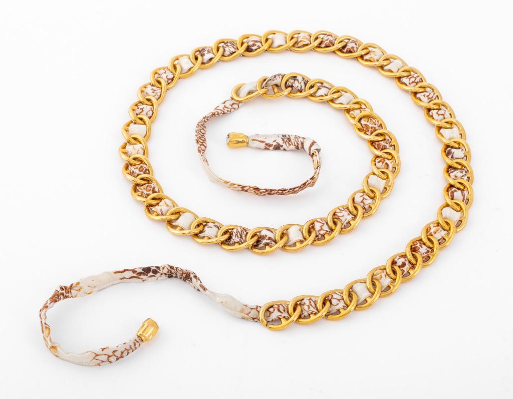 Roberto Cavalli snakeskin pattern silk gold-tone metal chain link belt, marked "RC" to end toggles. (1 of 5)
