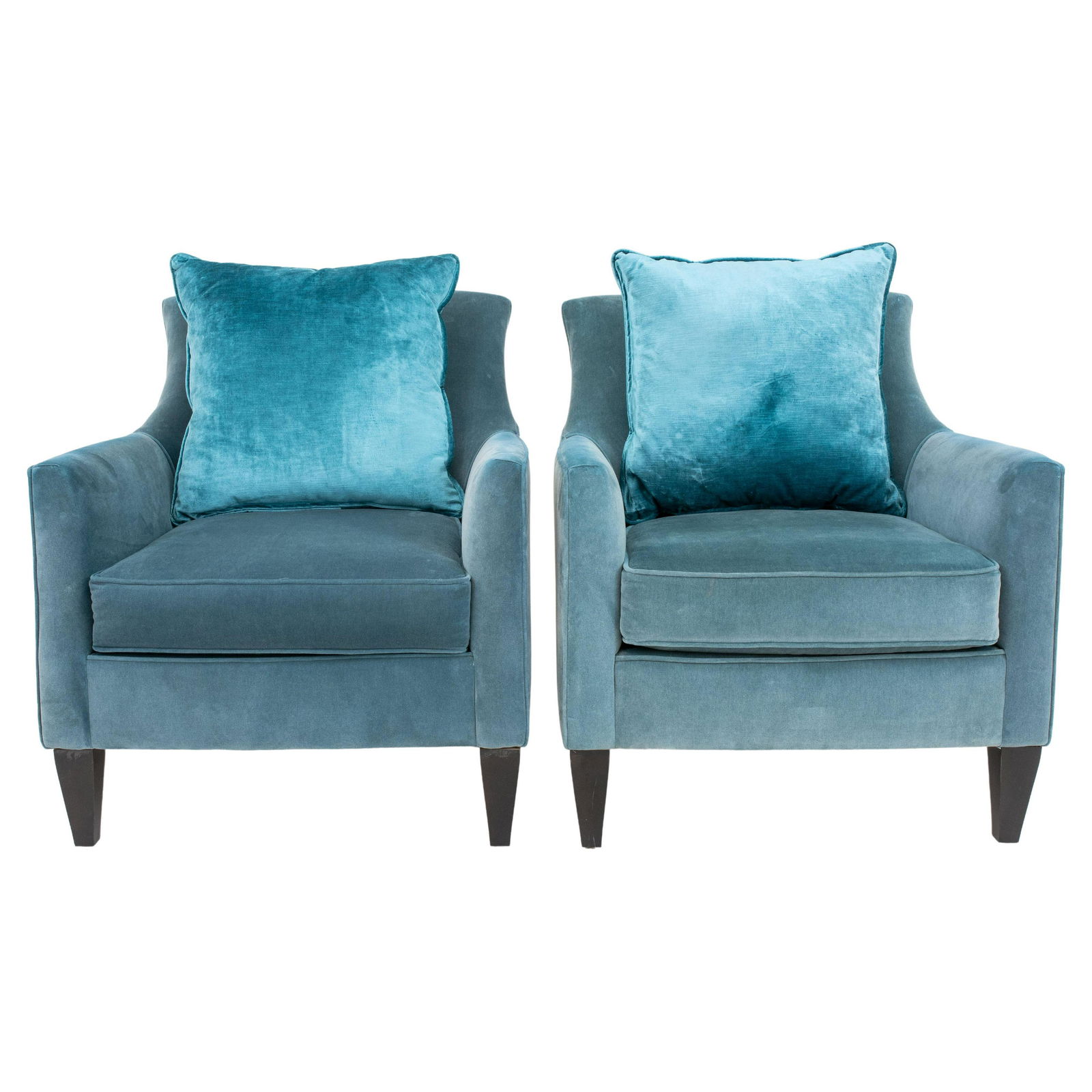 Modern turquoise velvet-upholstered arm chairs, each with curved back and straight sides with drop (1 of 8)