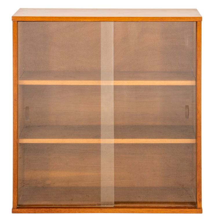 Mid-Century Scandinavian style walnut bookcase with glass sliding doors, having two wood shelves to (1 of 7)