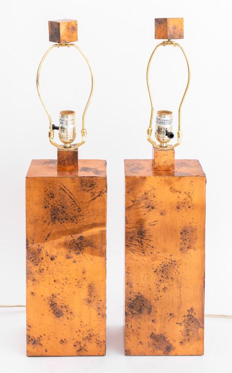Mid-Century modern style pair of copper square shape table lamps. 25.5" H x 6" W x 4" D. (1 of 7)