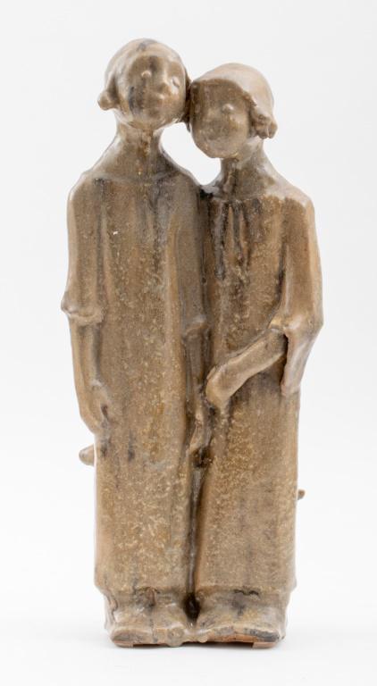 Figurative glazed handmade sculpture by unknown artist signed "M" to underside of two young, (1 of 14)