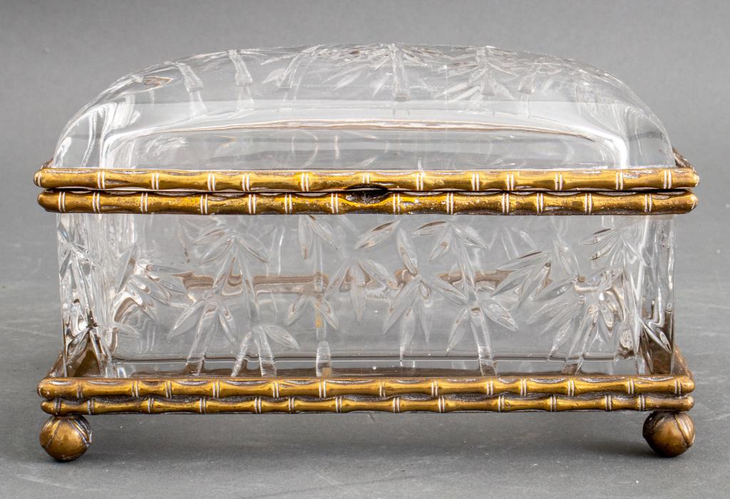 Castilian cut crystal glass mounted brass jewelry trinket box with bamboo motif raised on bowl feet. (1 of 8)