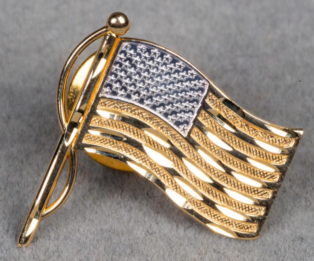 14K yellow gold diamond-cut American flag pin, marked: "GOD BLESS AMERICA (c) Mo". 0.75" L x 0.75" (1 of 5)