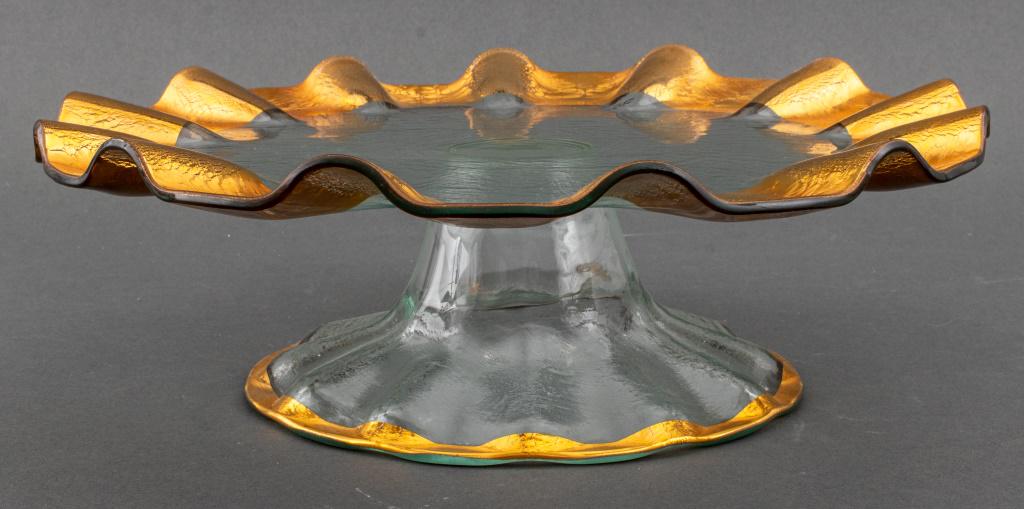 Gilded glass cake stand with scalloped edges. 4.5" H x 14.25" diameter. (1 of 6)