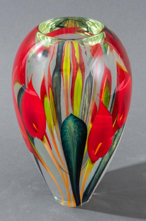 Scott Bayless (American, XX-XXI) for Lotton Studio art glass vase with red arum lily floral decor, (1 of 8)