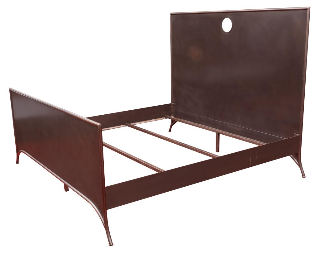Industrial king size metal bed frame raised on tapered feet with openwork circular motif the (1 of 4)
