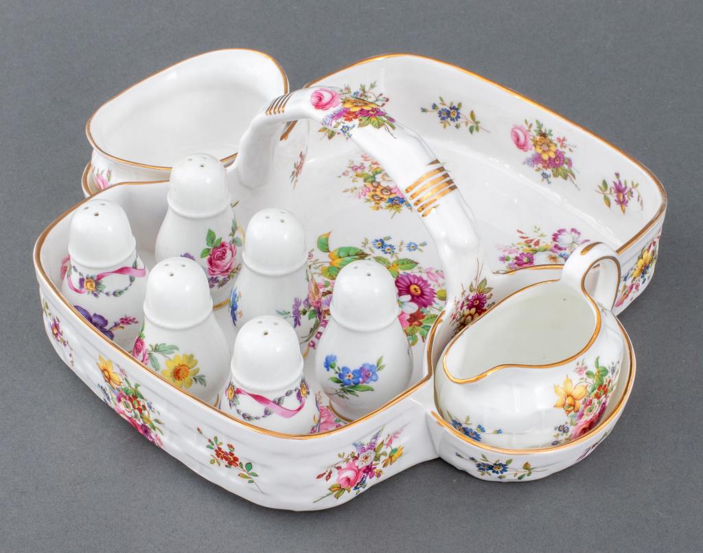 Hammersley bone china tea basket, in the "Lady Patricia" pattern and comprising a handled cake: Hammersley bone china tea basket, in the "Lady Patricia" pattern and comprising a handled cake basket with conjoined creamer and sugar, sold together with six associated Italian porcelain salt and pep