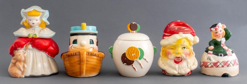 Assembled group of five different American ceramic cookie jars with covers. Largest: 12" H x 8" W x (1 of 8)