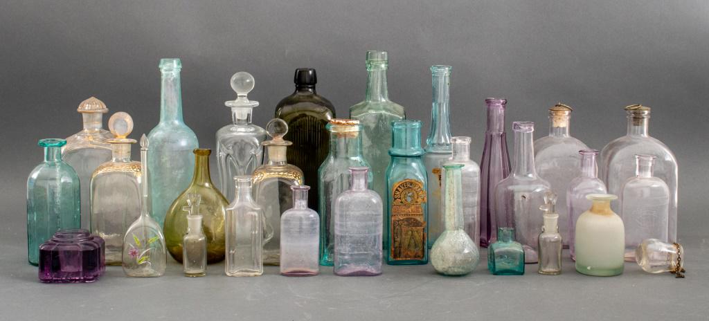 Group of thirty (30) vintage and antique bottles, various makers, origins and dates, one possibly an (1 of 8)