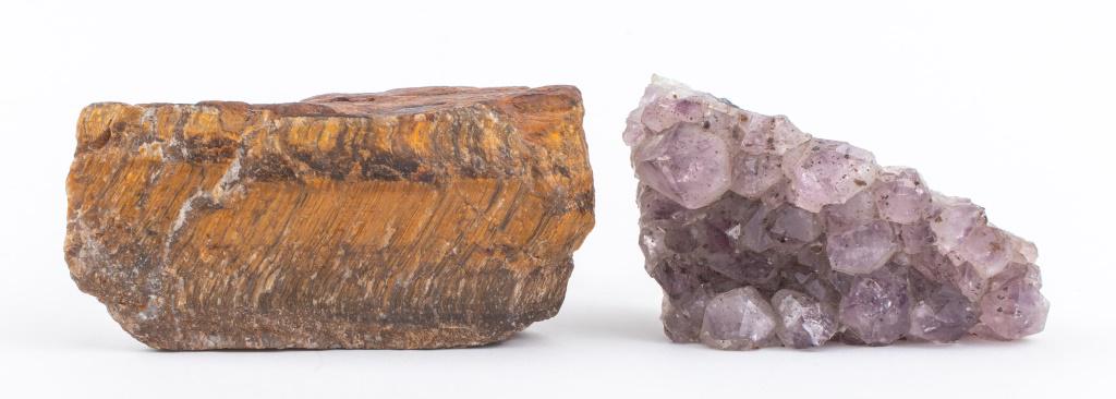 Two mineral specimens comprising one amethyst purple quartz rock crystal cluster and one uncut raw (1 of 8)