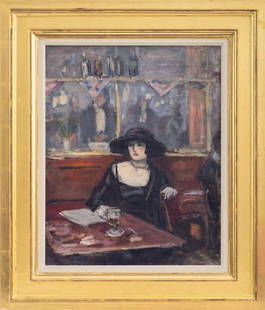 Albert Andre (French, 1869-1954) "Woman at Cafe Table" oil painting on canvas depicting a cafe: Albert Andre (French, 1869-1954) "Woman at Cafe Table" oil painting on canvas depicting a cafe interior scene centering on a woman dressed in black, signed upper right, labels to verso, housed in a