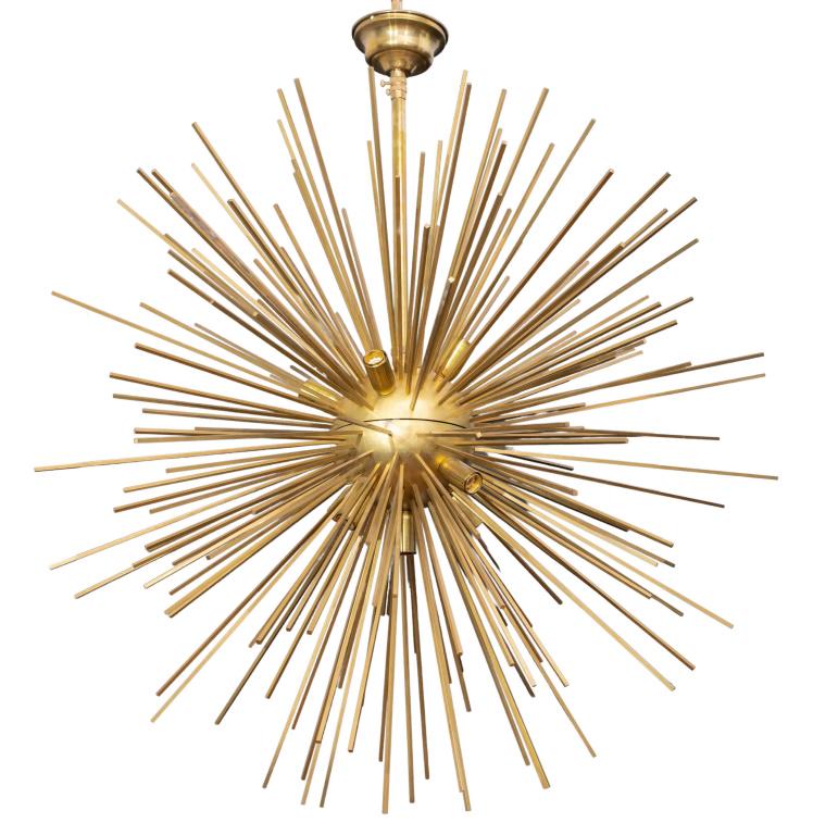 Italian Mid-Century Modern brass sputnik chandelier, the sun or starburst form with ten light bulb (1 of 6)