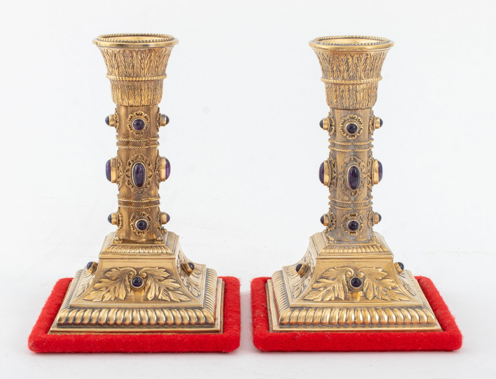 Pair of Judaica gilded silver amethyst gem set repousse silver Shabbat candlesticks in the (1 of 8)