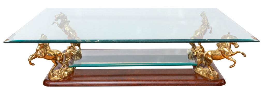 Versace Home gilt bronze low table for coffee or cocktails with a rectangular beveled glass top (1 of 9)