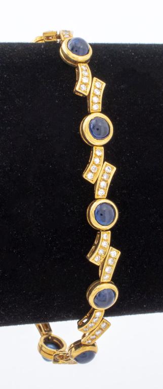 18K yellow gold blue sapphire and diamond bracelet, brightly polished, featuring 10 round bezel set (1 of 5)