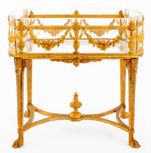 Belle Epoque Ormolu & Glass Jardiniere, ca. 1890: French Belle Epoque Louis XVI style ormolu jardiniere, circa 1890, in the form of a table a milieu, or center table, in the manner of Adam Weisweiler (French, 1750-1810), with quiver-form legs termina