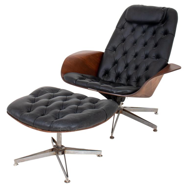 George Mulhauser for Plycraft Mr Chair & Ottoman: George Mulhauser (American, 1922-2002) for Plycraft Mid-Century Modern "Mr Chair" lounge armchair and matching ottoman, having plywood frame raised on chrome metal base with black leather buttoned uph