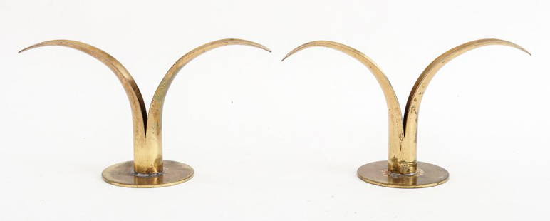 Ivar Bjork for Ystad-Metall Liljan Candlestick, 2: Ivar Alenius Bjork (Sweden, 1905-1978) for Ystad-Metall pair of Mid-Century brass lily candle holders, each marked to underside and with older restorations to base. Each: 4.75" H x 8.5" W x 3" D.