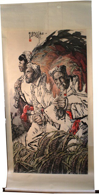Chinese Scroll Painting of Figures aft. Liu Wan Xi: Mounted scroll painted of figures, after Liu Wan Xi, ink and colors on paper, China; marked. Dimensions: