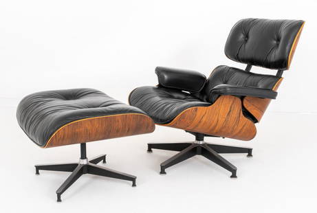 Eames Lounge Chair for Herman Miller: Charles and Ray Eames (American, 1907/1912-1978/1988) for Herman Miller lounge chair and ottoman, designed 1956, of typical form, labels intact. 42" H x 38" W x 39" D; seat: 15" H.