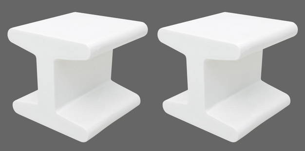 Francois Bauchet Roche Bobois Ceramic Tables, Pair: Pair of Francois Bauchet (French, b. 1948) for Roche Bobois Minimalist white ceramic stools or "IPN" sofa tables, signed to underside. 12" H x 12.5" W x 12.5" D.