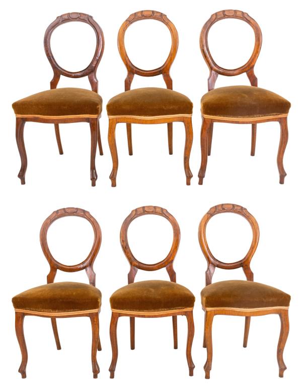 English Victorian Cherrywood Chair 19th C., 6: Group of six English Victorian carved cherry wood chair, open back, tapered cabriole legs, seat upholstered in brown velvet, circa late nineteenth century. 37" H x 18" W x 20" D.