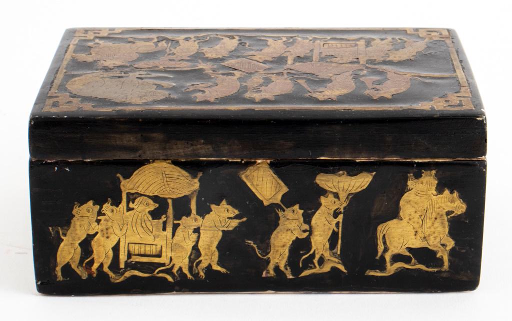 Chinese Brass Inlaid Stained Onyx Box: Chinese Brass inlaid stained onyx box, the hinged lid and sides decorated with a scene from “The Marriage of the Rat Maiden” (Laoshu Ququin) showing a rat bride being carried in a wedding palanqui
