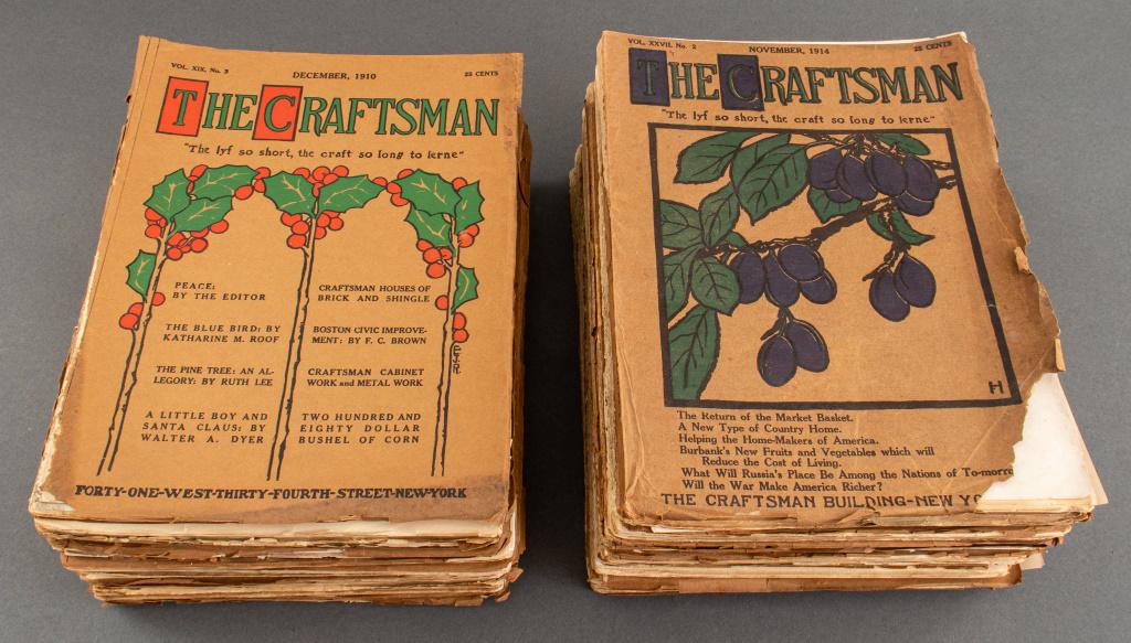 "The Craftsman" NY Publishing, 24 Issues: Assembled group of twenty-four volumes of "The Craftsman" published by The Craftsman Publishing CO., Gustav Stickley, New York, circa 1900s and 1910s. Each: 11" H x 8" W x 0.25" D.