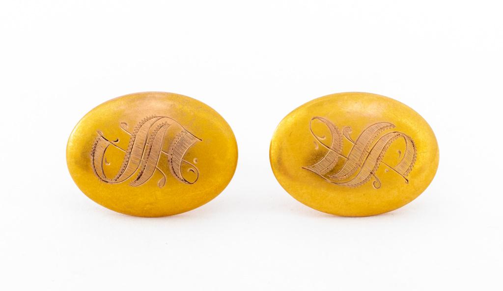 Antique 14K Gold Oval Form Cufflinks Initial "S" (1 of 4)